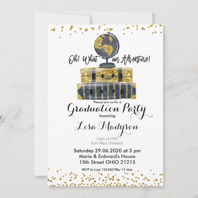 Carte Invitation Gold Globe Adventure Graduation P (Devant)