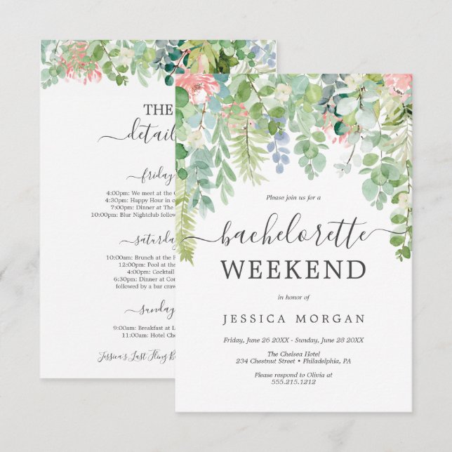 Carte Invitation Soft Greenery Bachelorette Party (Devant / Derrière)