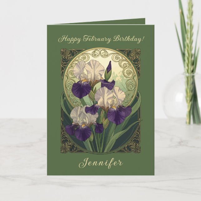 Carte Irises February Birthday Flowers Art Nouveau Style (Devant)
