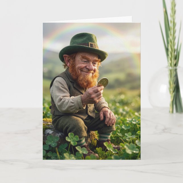 Carte Irish Leprechaun Admiring a Gold Coin (Devant)