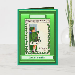 Carte Irish Luck, fille avec shamrock et musique