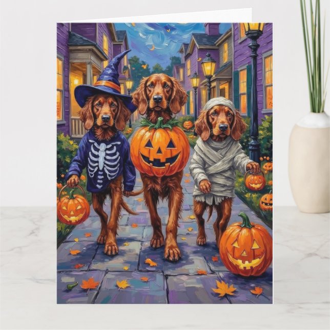 Carte Irish Red Setter faisant Trick-or-Treating Hallowe (Devant)
