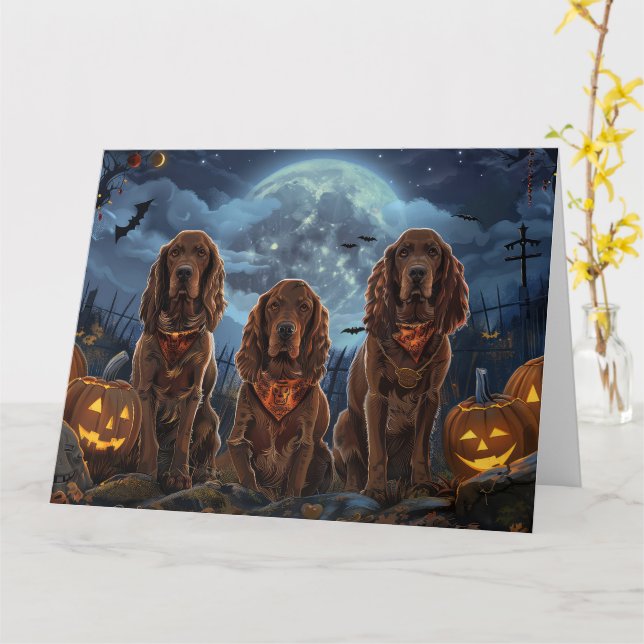 Carte Irish Red Setter Halloween Épouvante (Fleur jaune)