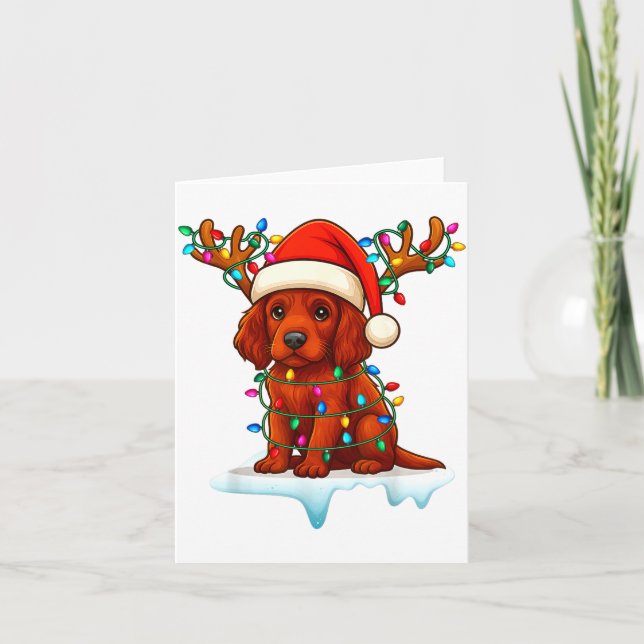 Carte Irish Setter Christmas Santa Hat Reindeer Lights P (Devant)