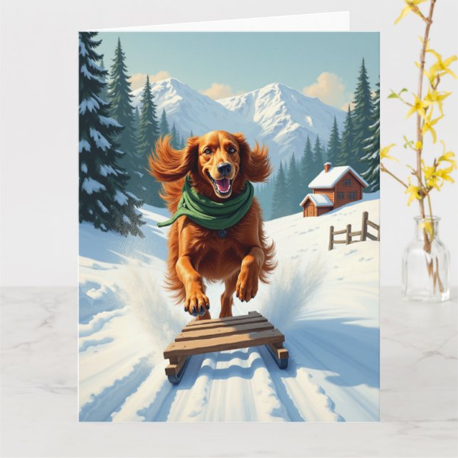Carte Irish Setter Sledding Adventure Christmas Painting (Fleur jaune)