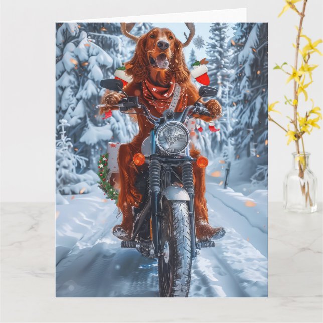 Carte Irlandais Red Setter Chien chevauchant la moto Noë (Fleur jaune)