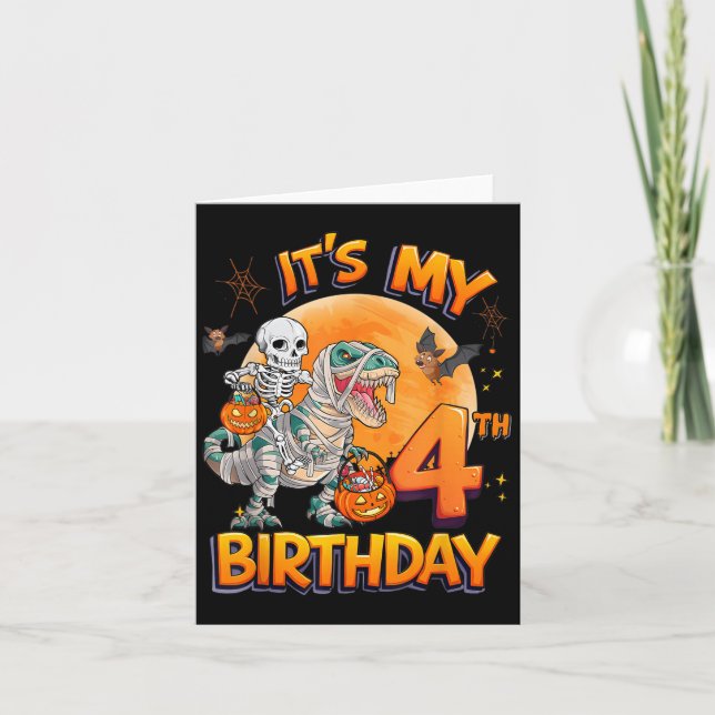Carte Its My 4th Birthday Dinosaur Skeleton Mummy Hallow (Devant)