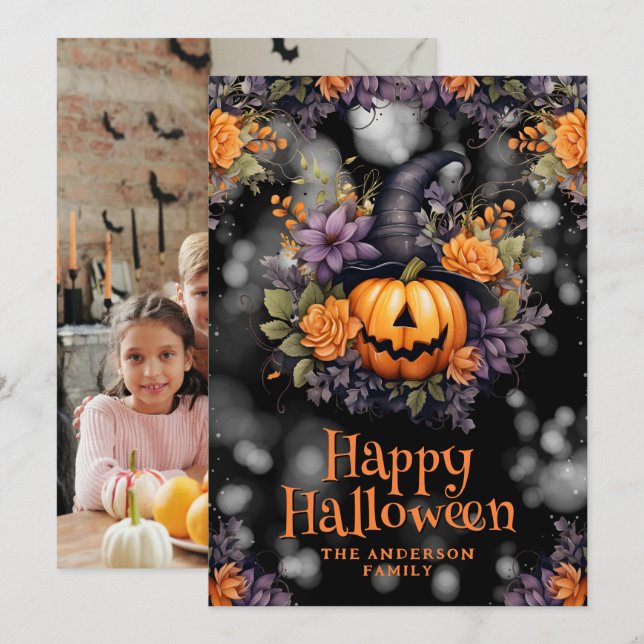 Carte Jack O’Lantern Floral Photo Halloween (Devant / Derrière)
