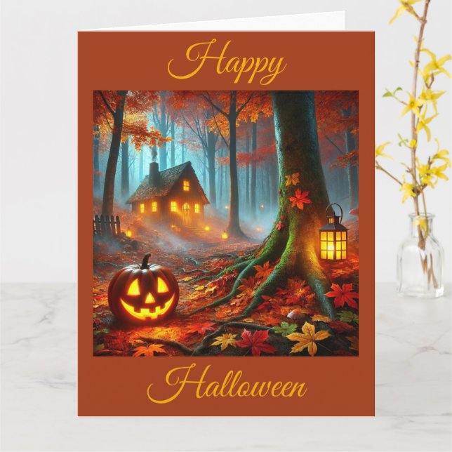 Carte Jack O'Lantern en forêt Éffrayante à Halloween (Fleur jaune)