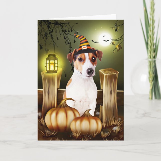 Carte Jack Russell Chien avec sorcière Casquette Hallowe (Devant)