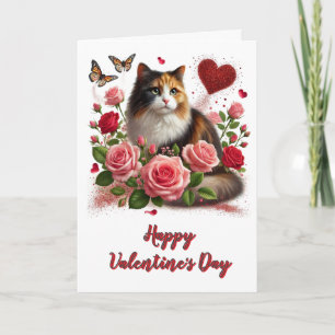 Carte J'aime les roses roses et le chat calicot pour la