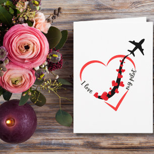 Carte J'aime Mon Pilote Cœur & Avion Romantique Simple