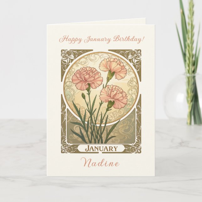 Carte January Birth Flower Pink Carnations Art Nouveau S (Devant)