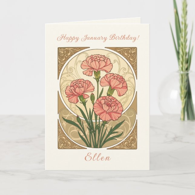 Carte January Birthday Pink Carnation Flowers Art Nouvea (Devant)