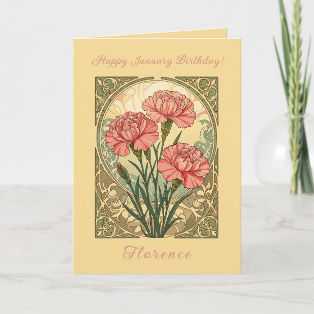 Carte January Birthday Pink Carnations Art Nouveau Style (Devant)