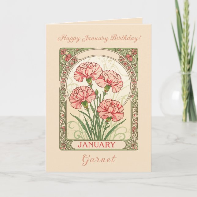 Carte January Birthday Pink Dianthus Art Nouveau Style (Devant)