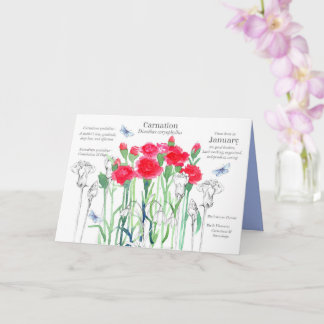 Carte Janvier Anniversaire Fleurs d'oeillet rose rouge
