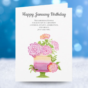 Carte Janvier Carnation Fleurs d'anniversaire sur gâteau