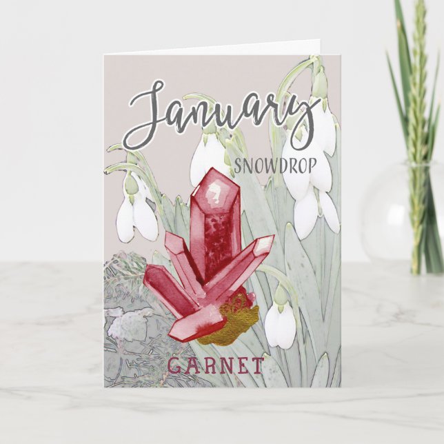 Carte Janvier Snowdrops et Garnet Anniversaire (Devant)