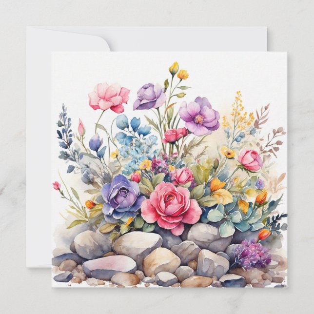 Carte Jardin aquarelle Fleurs sur les rochers  (Devant)