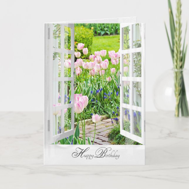 Carte jardin d'anniversaire avec tulipes roses (Devant)