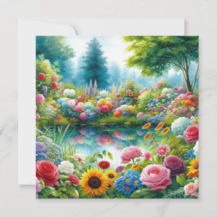 Carte Jardin de fleurs d'été coloré près de Pond Landsca