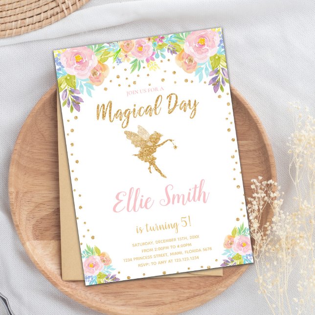 Carte Jardin enchantée (Floral Pink Magical Fairy Birthday Invitations)