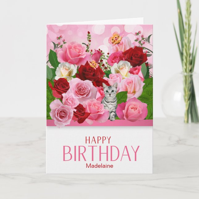Carte Jardin rose avec Tabby Chat et Nom Anniversaire (Devant)