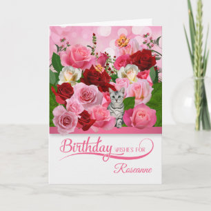 Carte Jardin Rose d'anniversaire avec Tabby Cat et Papil
