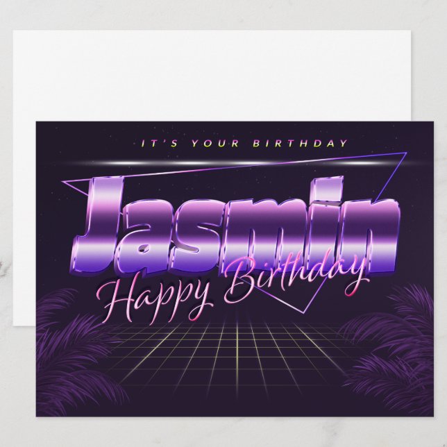 Carte Jasmin Nom Prénom lila retro Anniversaire de la ca (Devant / Derrière)