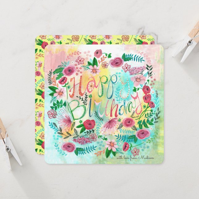 Carte Jaune botanique et floral de printemps rose (Devant/Arrière en situation)