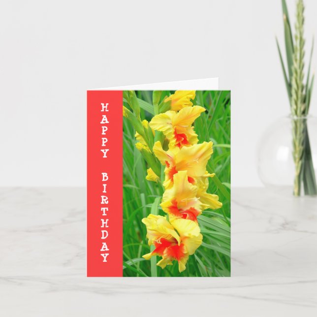 CARTE JAUNE ET GLADIOLUS ROUGE / JOLIE ANNIVERSAIRE (Devant)