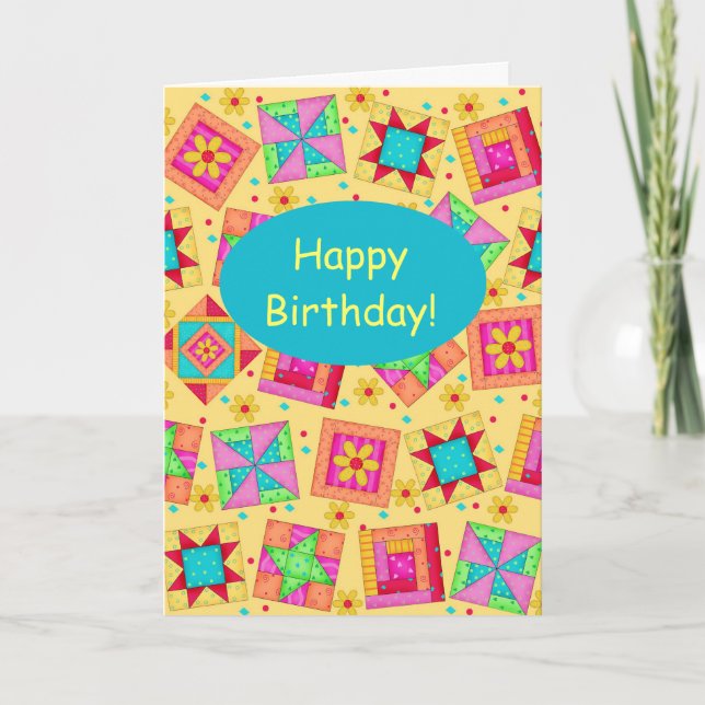 Carte Jaune Patchwork Quilt Block Art Joyeux anniversair (Devant)