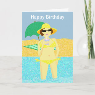 Carte Jaune polka point bikini plage anniversaire fille