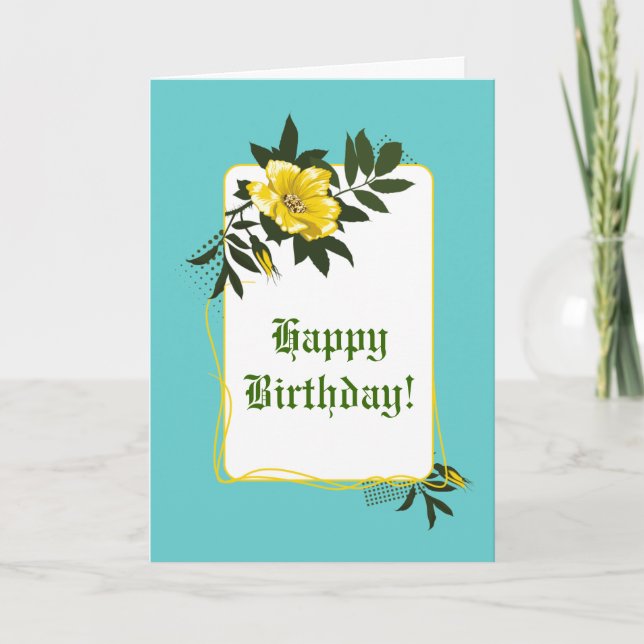Carte Jaune sauvage rose aqua floral Joyeux anniversaire (Devant)