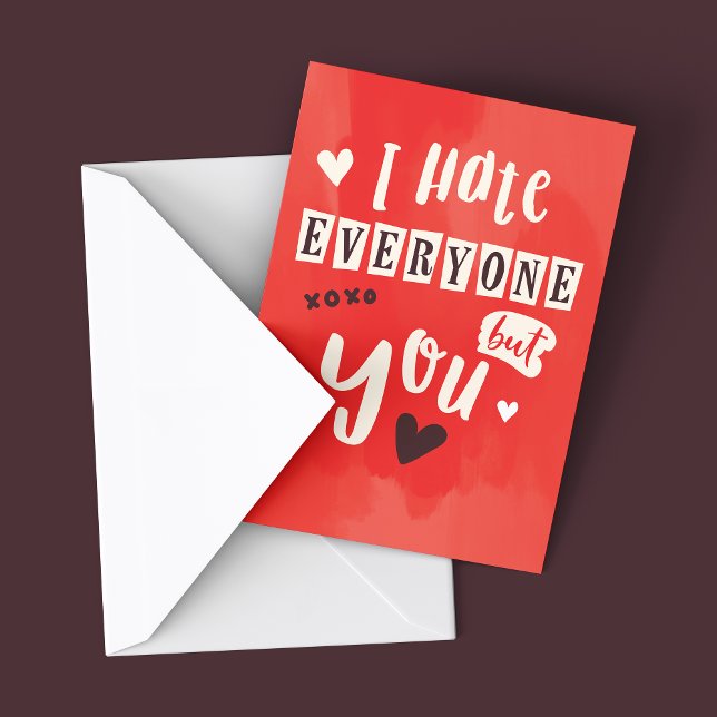 Carte Je Déteste Tout Le Monde, Mais Vous N'Avez Pas De  (I hate everyone but you Card mockup shown on dark background with envelope. Valentine's day card)