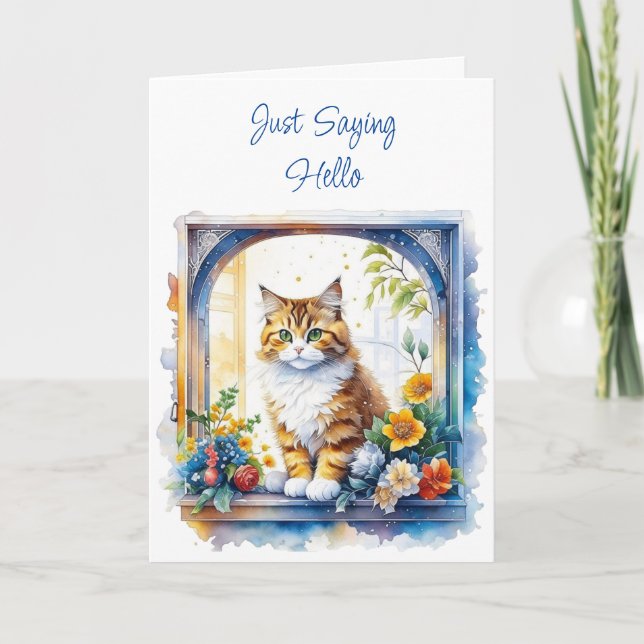 Carte Je dis bonjour | Chat dans la fenêtre avec fleurs (Devant)