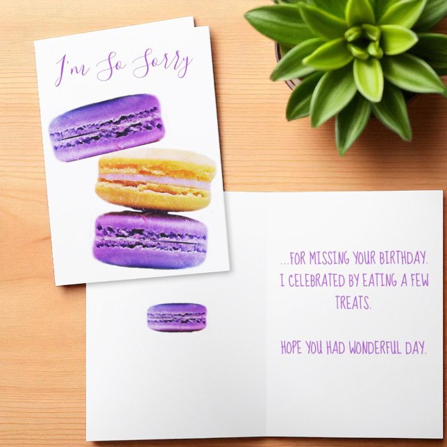 Carte Je suis désolé Macarons Violets Joyeux Anniversair (template greeting card cover and inside text)