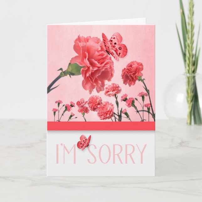 Carte Je suis désolé Oeillets roses avec papillons (Devant)