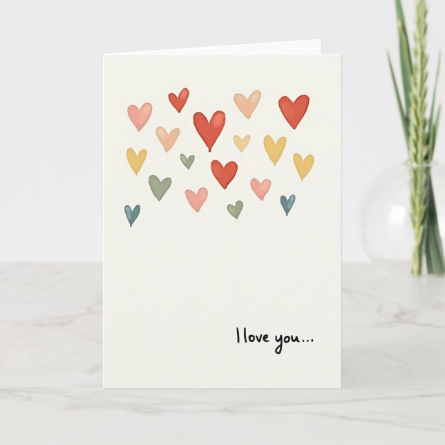 Carte « Je t'aime » avec cœurs à l'aquarelle (Devant)