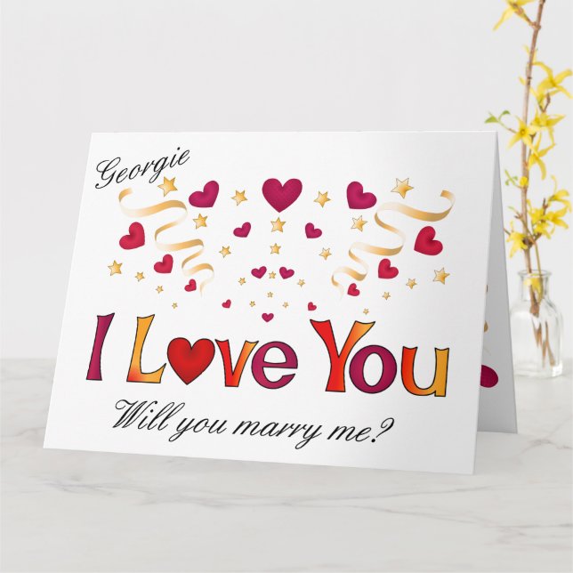 Carte JE T'AIME Cœur Rouge Ruban Doré Proposition de Mar (Fleur jaune)
