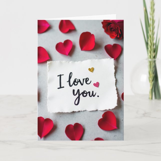 Carte « Je t'aime » cœurs pailletés rouges (Devant)