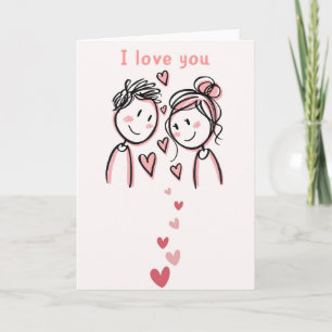 Carte Je T'Aime Couple Mignon Doodle - Cœurs Roses