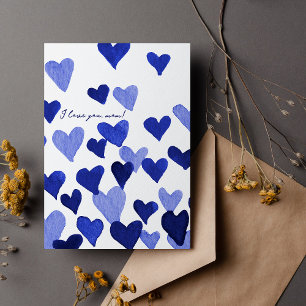 Carte Je t'aime maman Aquarelle Coeurs Bleus Fête des mè
