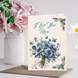 Carte Je t'aime Maman - Bouquet de fleurs bleues à motif