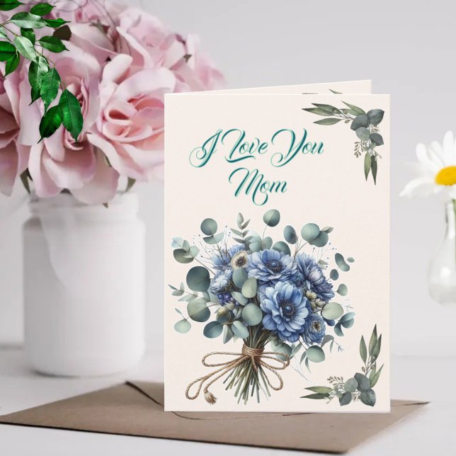 Carte Je t'aime Maman - Bouquet de fleurs bleues à motif (Créateur téléchargé)