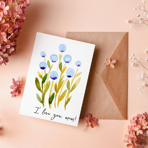 Carte Je t'aime maman fleurs d'aquarelle bleu minime