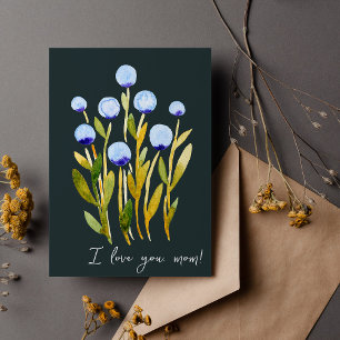 Carte Je t'aime maman fleurs d'aquarelle bleu minime