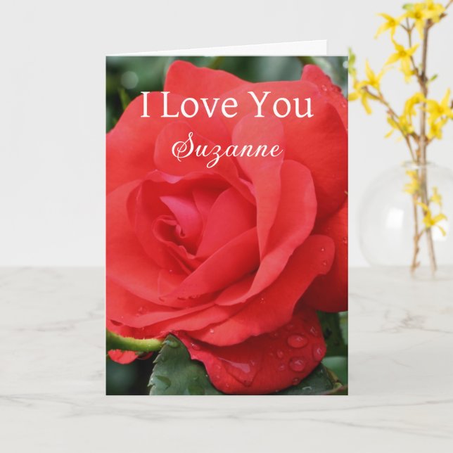 Carte Je t'aime rose rouge personnalisée  (Fleur jaune)