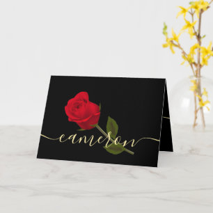 Carte je t'aime Rose Rouge Sur Monogramme Noir Et Or